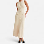 Mevassi | Women’s Long Knitted Maxi Dress with Round Neck – Sleeveless Fine Knit with Faux Pockets