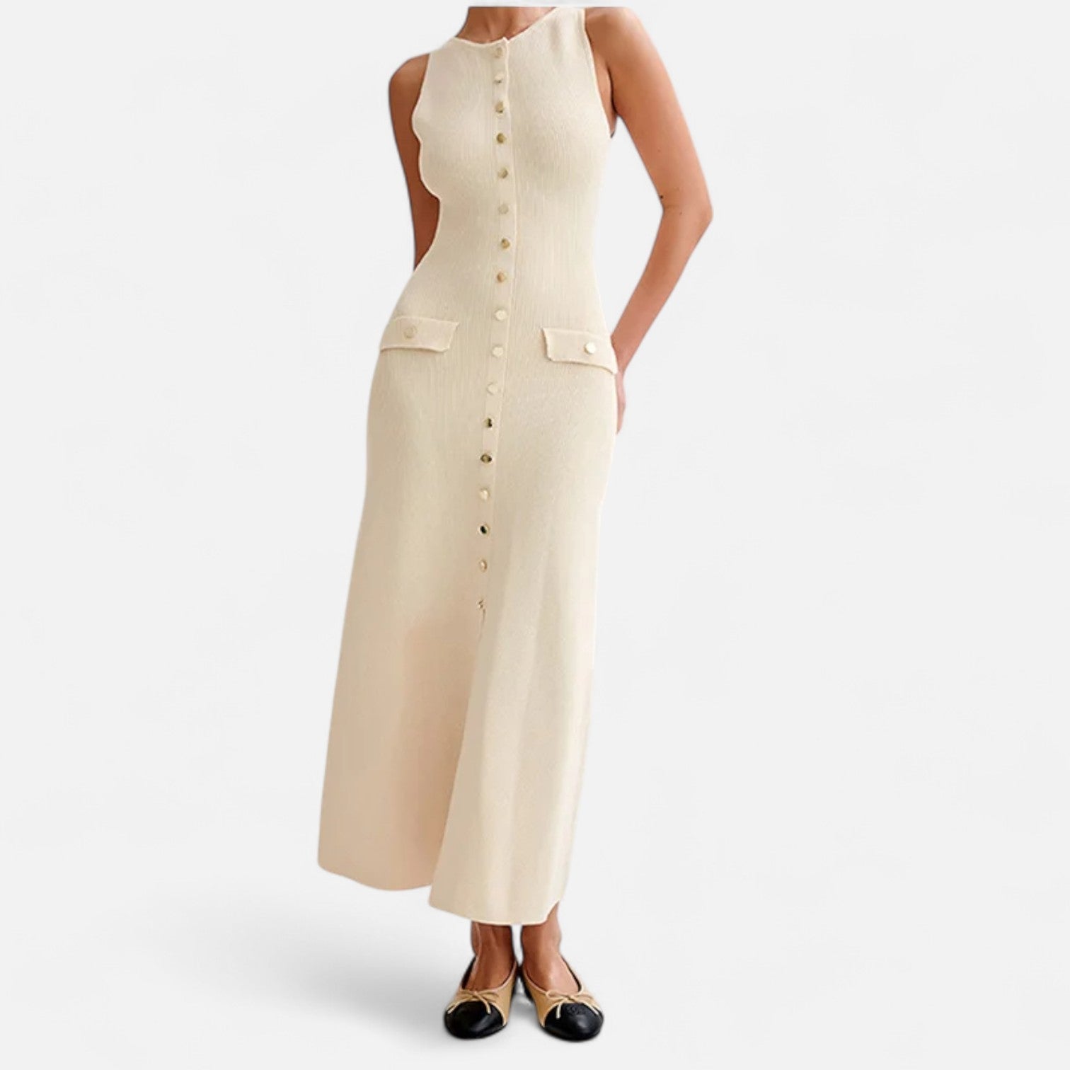 Mevassi | Women’s Long Knitted Maxi Dress with Round Neck – Sleeveless Fine Knit with Faux Pockets