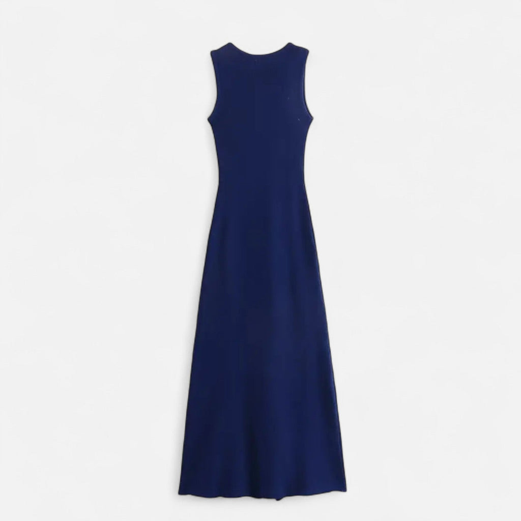 Mevassi | Women’s Long Knitted Maxi Dress with Round Neck – Sleeveless Fine Knit with Faux Pockets