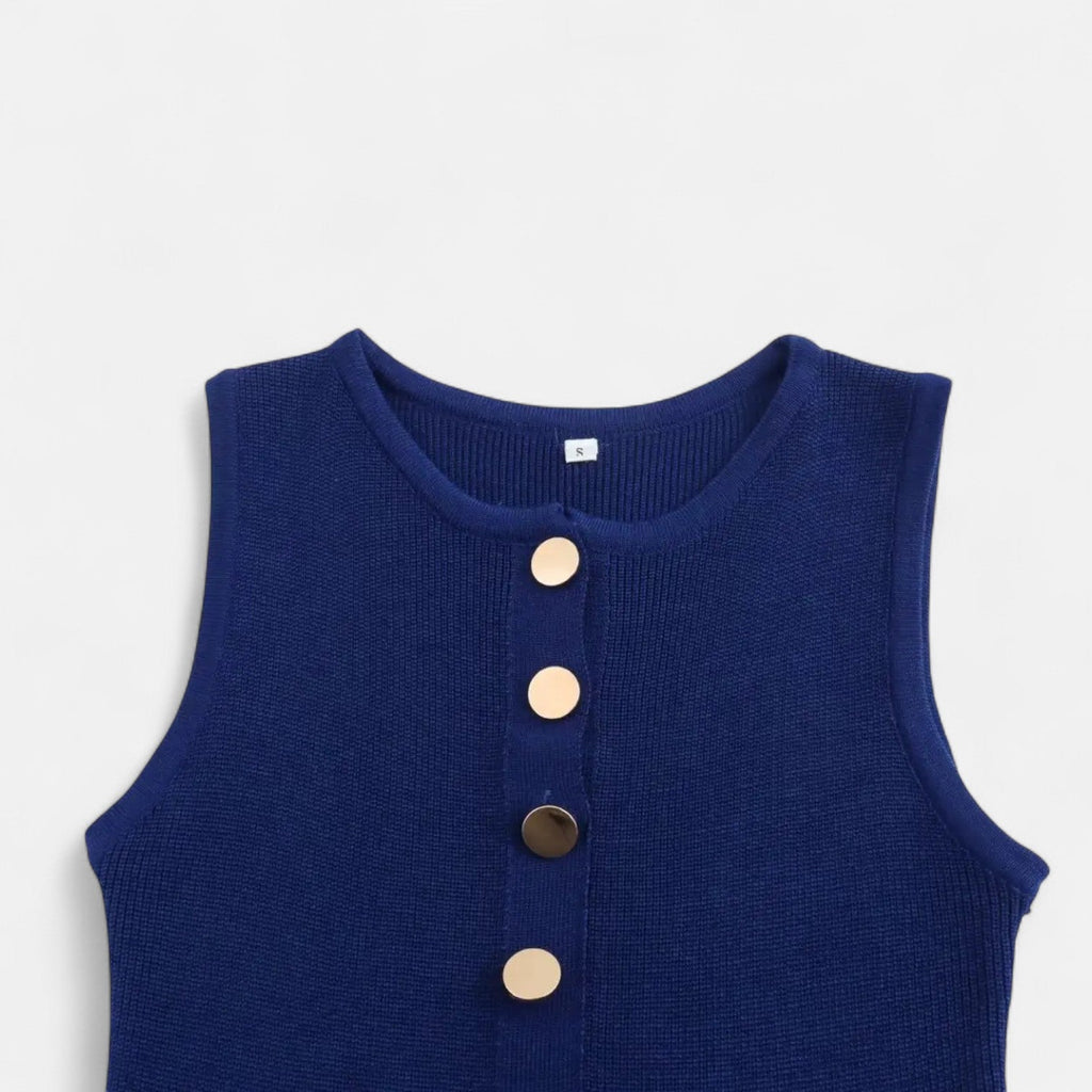 Mevassi | Women’s Long Knitted Maxi Dress with Round Neck – Sleeveless Fine Knit with Faux Pockets