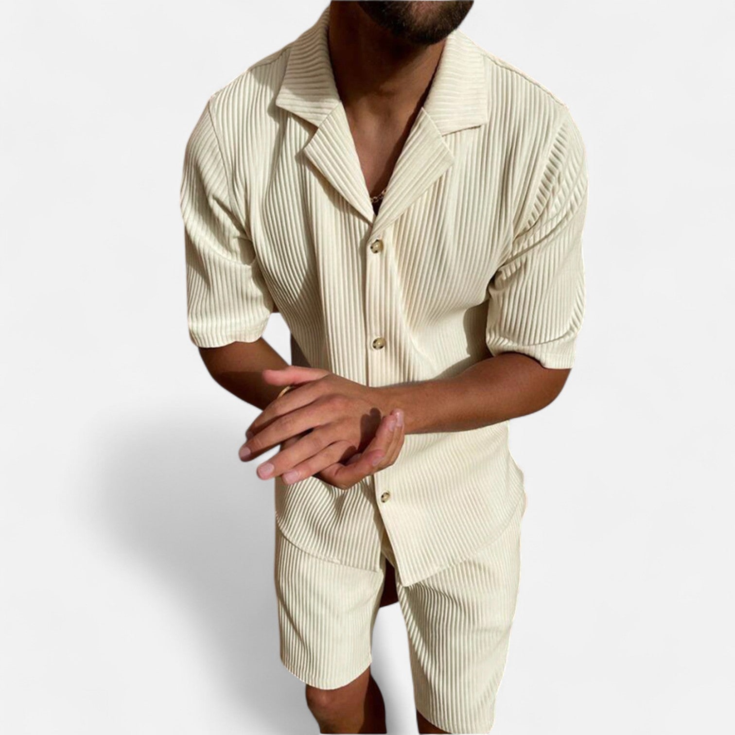 Mevassi | Men’s Solid Corduroy Short‑Sleeve Shirt & Shorts Set – Stretch Casual Outfit