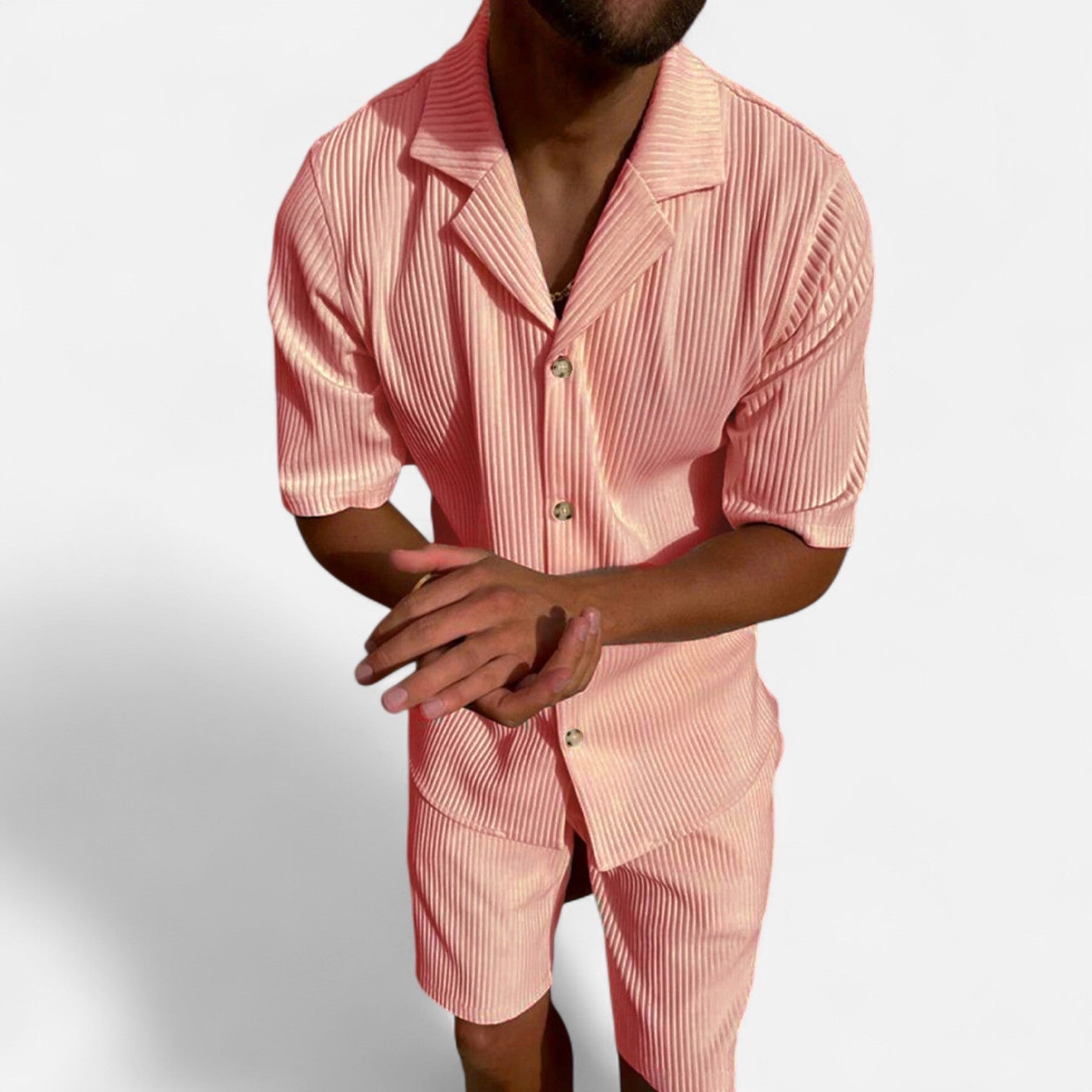 Mevassi | Men’s Solid Corduroy Short‑Sleeve Shirt & Shorts Set – Stretch Casual Outfit