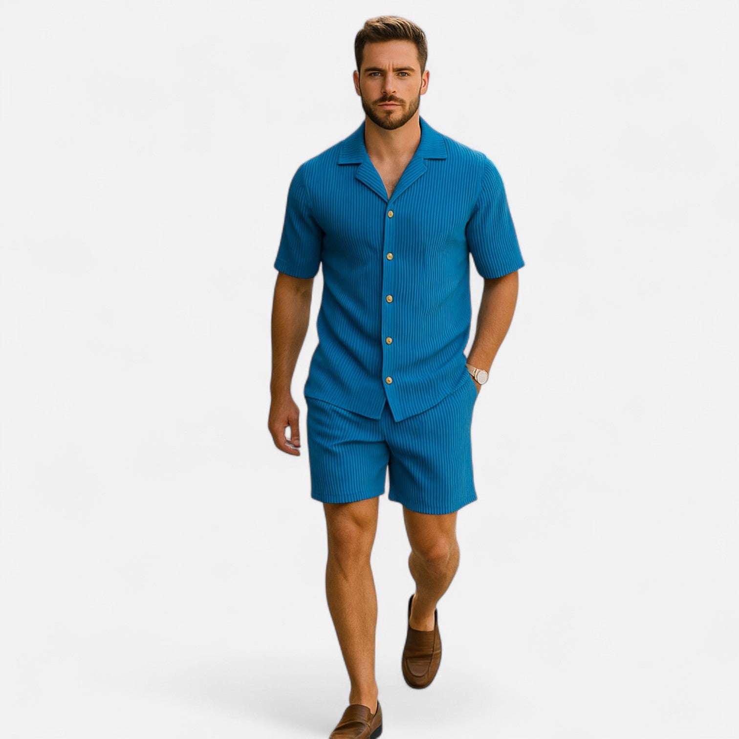 Mevassi | Men’s Solid Corduroy Short‑Sleeve Shirt & Shorts Set – Stretch Casual Outfit