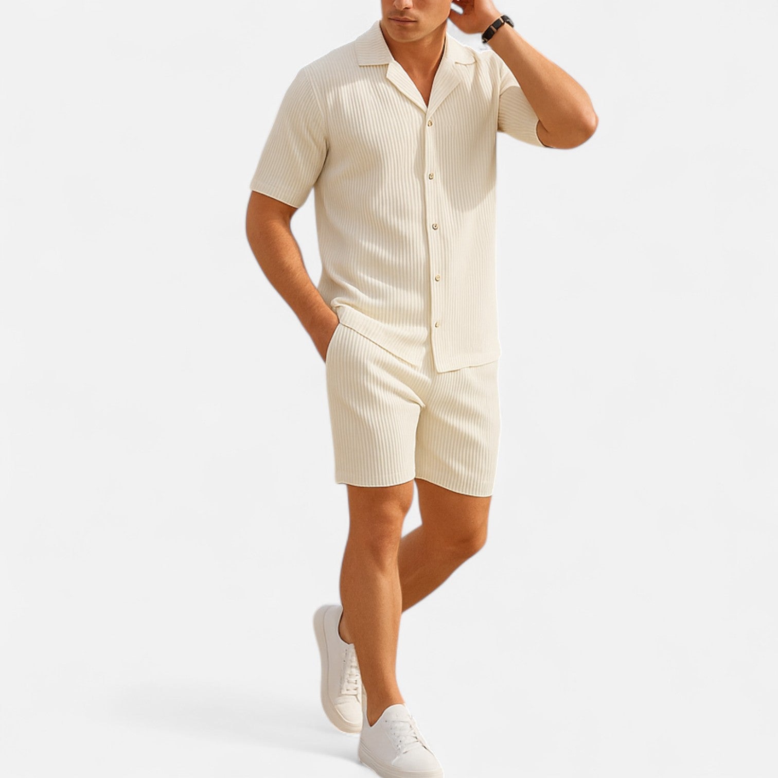 Mevassi | Men’s Solid Corduroy Short‑Sleeve Shirt & Shorts Set – Stretch Casual Outfit