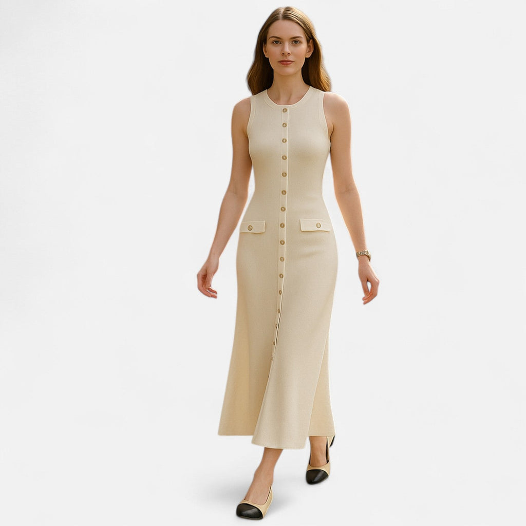 Mevassi | Women’s Long Knitted Maxi Dress with Round Neck – Sleeveless Fine Knit with Faux Pockets