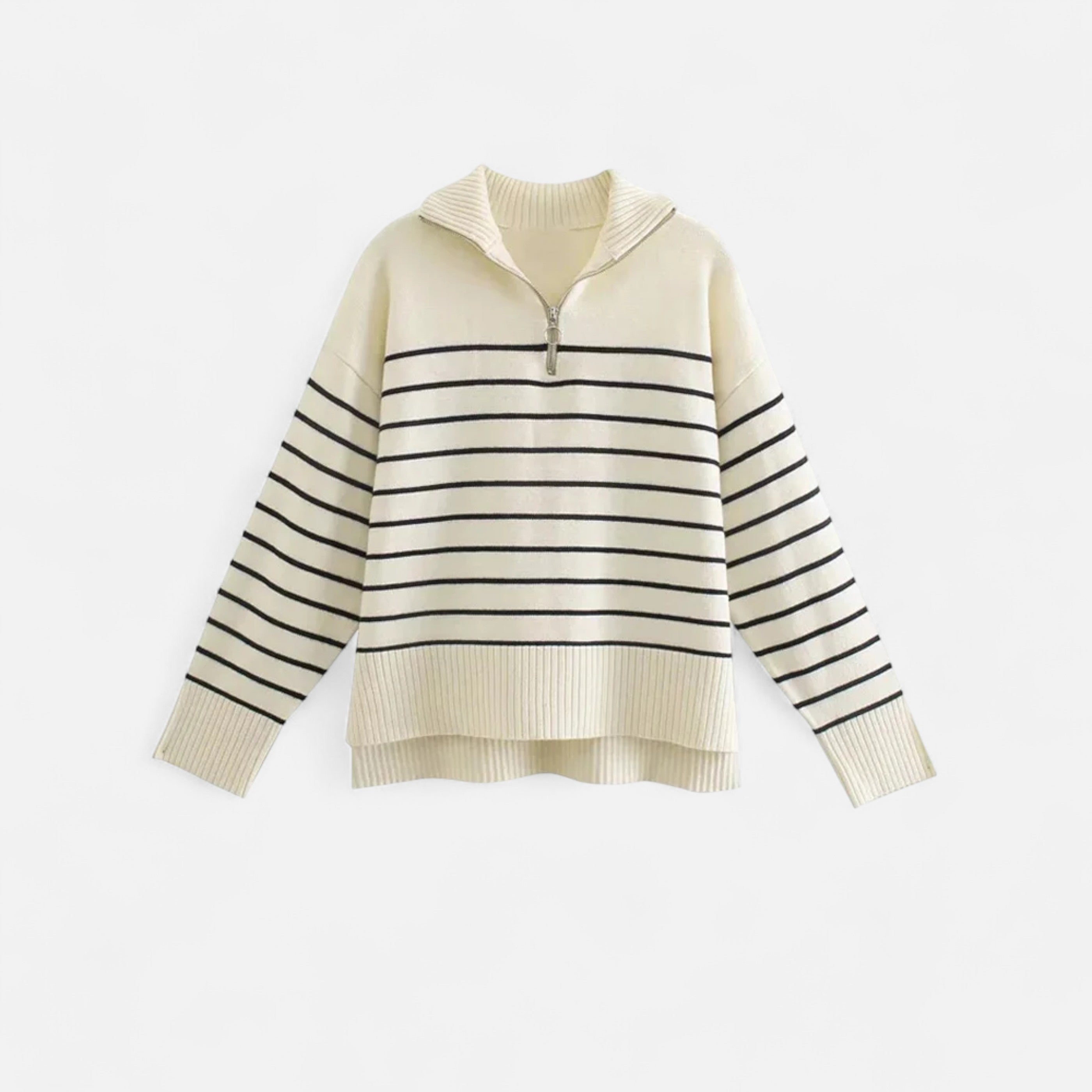 Mevassi | Women’s Zip-Up Sweater – Vintage Stripe Elegance
