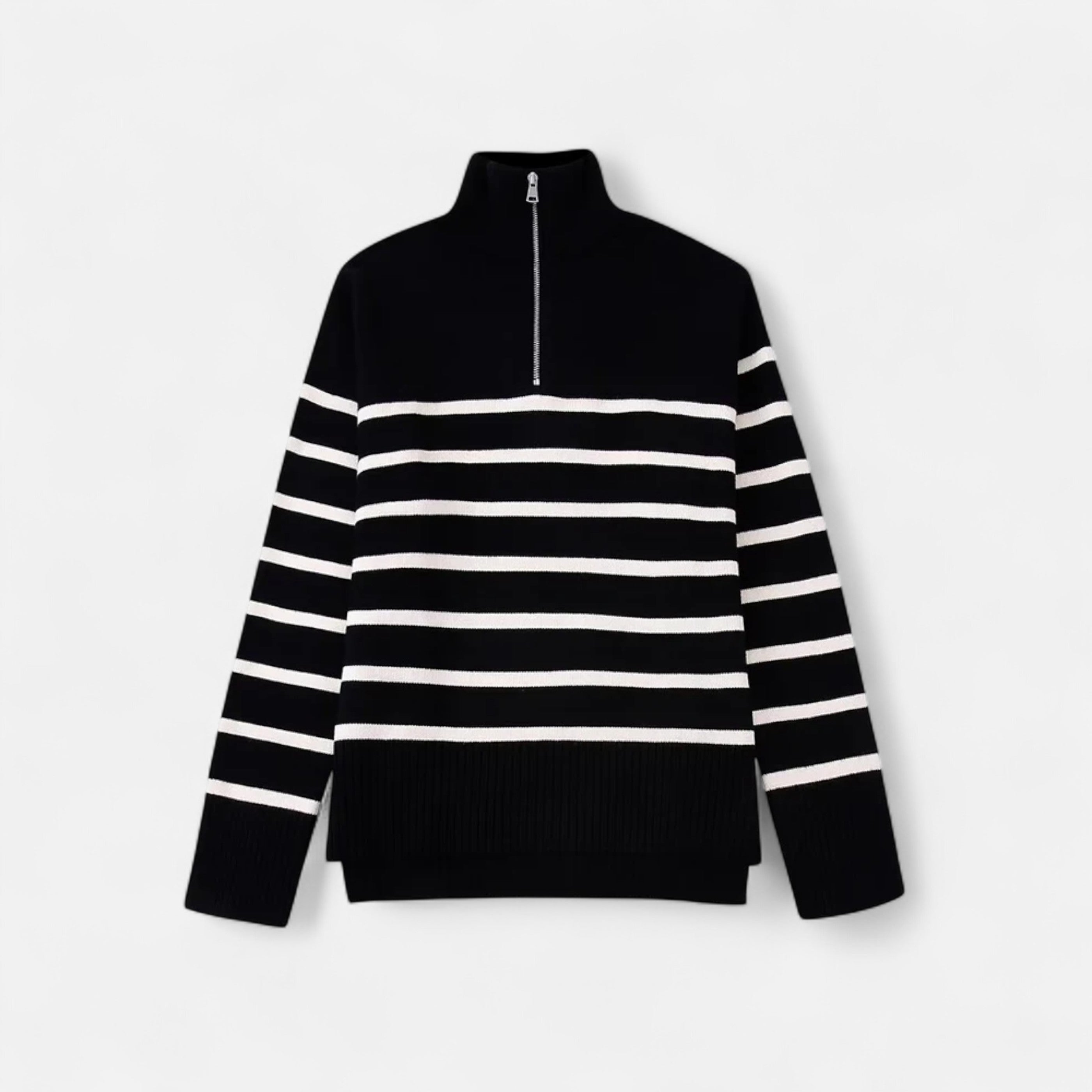 Mevassi | Women’s Zip-Up Sweater – Vintage Stripe Elegance