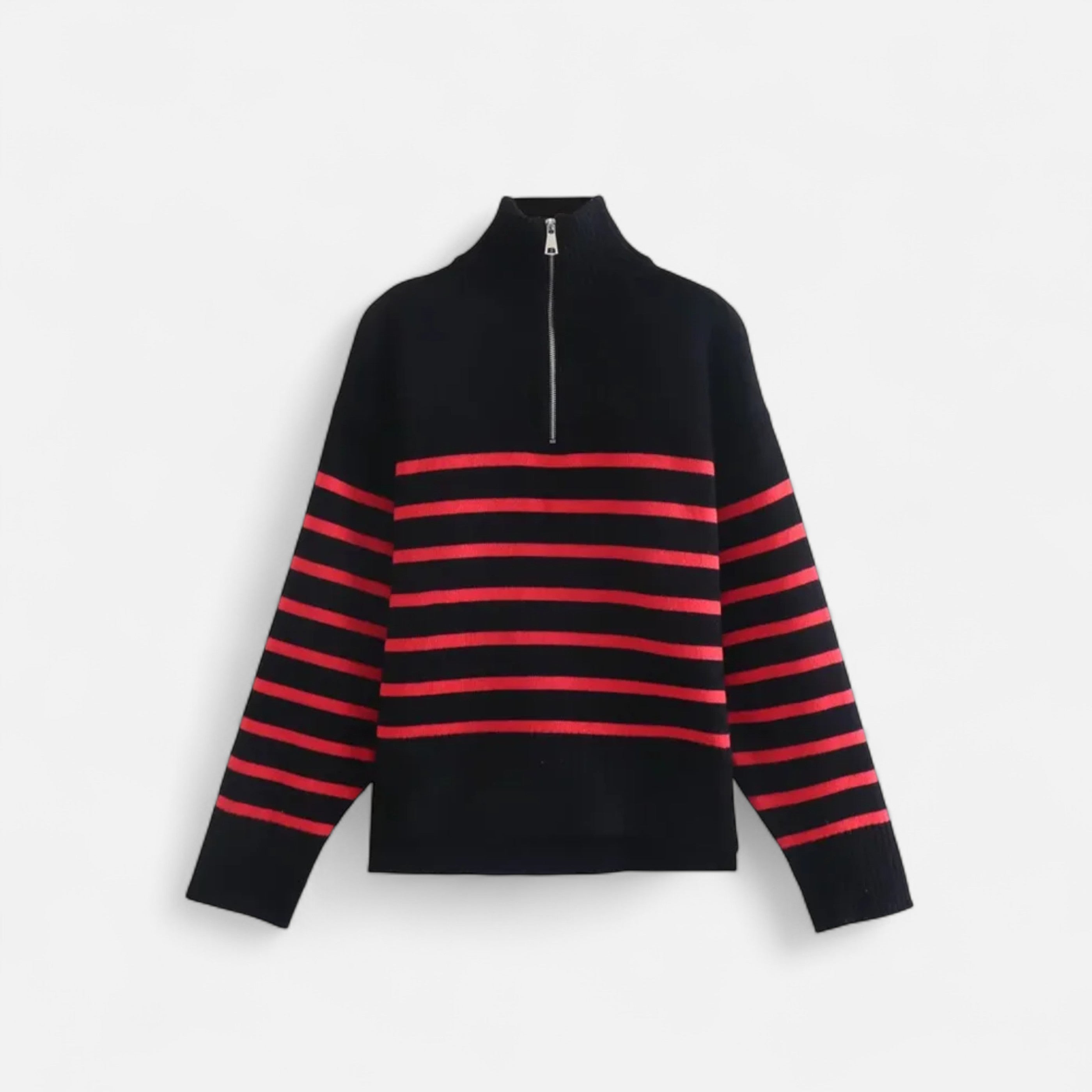 Mevassi | Women’s Zip-Up Sweater – Vintage Stripe Elegance