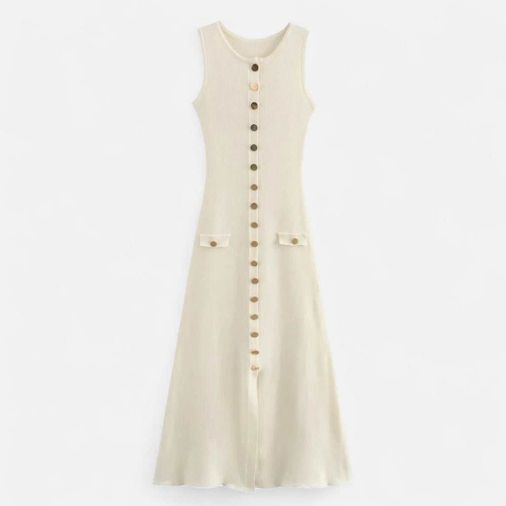 Mevassi | Women’s Long Knitted Maxi Dress with Round Neck – Sleeveless Fine Knit with Faux Pockets