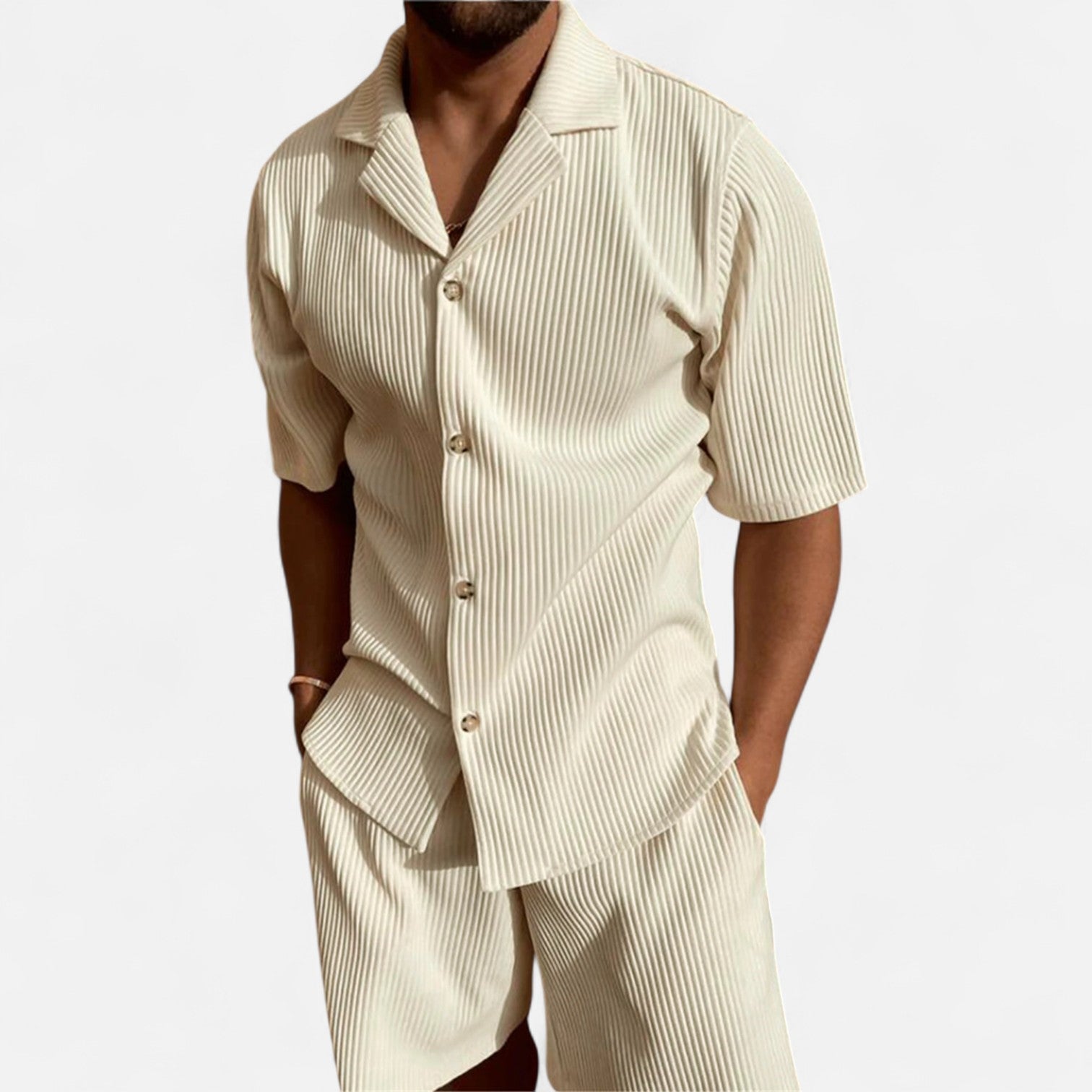 Mevassi | Men’s Solid Corduroy Short‑Sleeve Shirt & Shorts Set – Stretch Casual Outfit