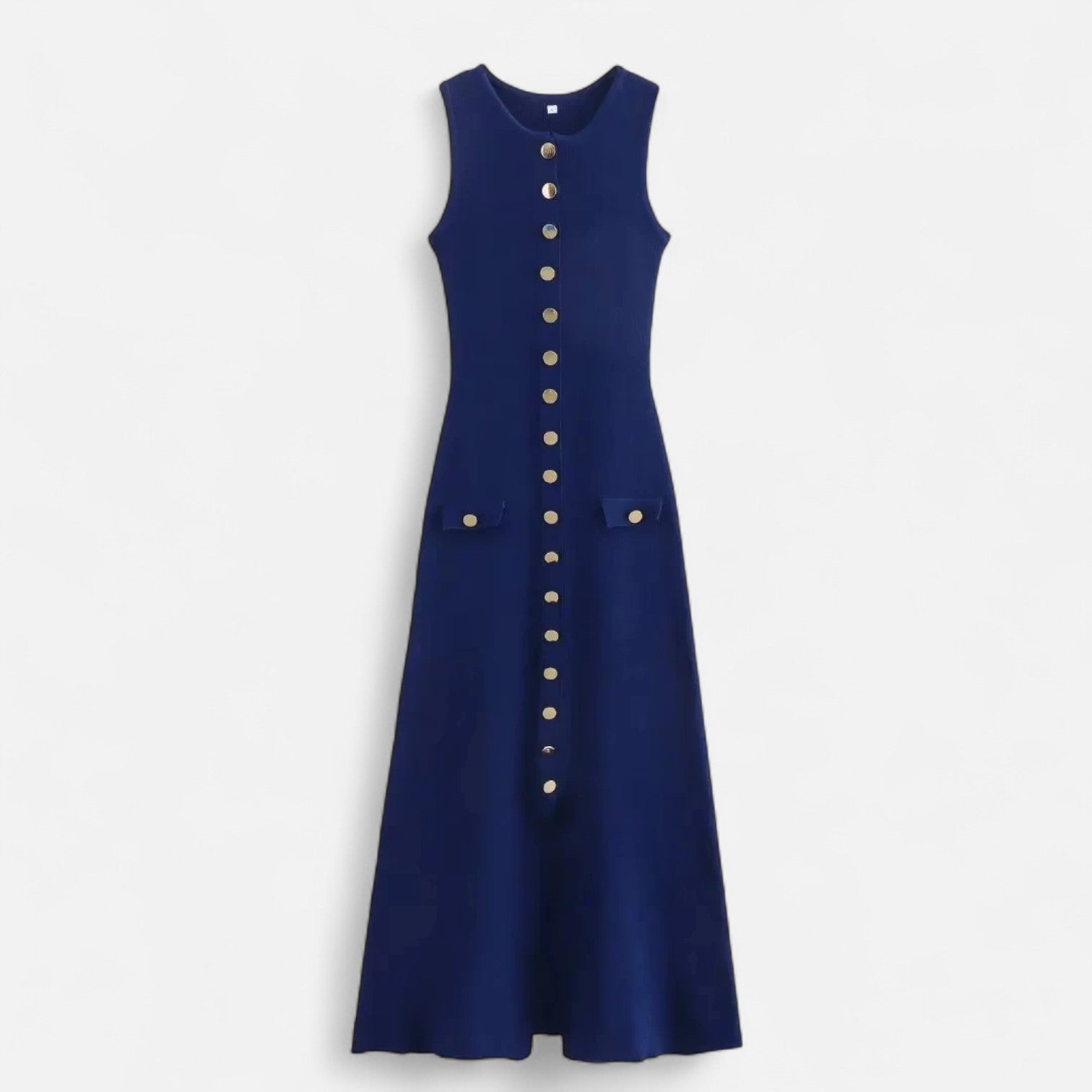 Mevassi | Women’s Long Knitted Maxi Dress with Round Neck – Sleeveless Fine Knit with Faux Pockets