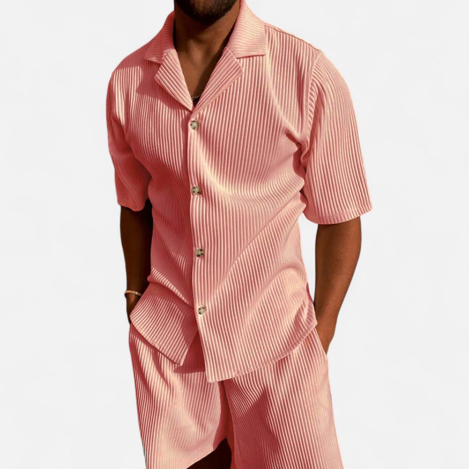 Mevassi | Men’s Solid Corduroy Short‑Sleeve Shirt & Shorts Set – Stretch Casual Outfit